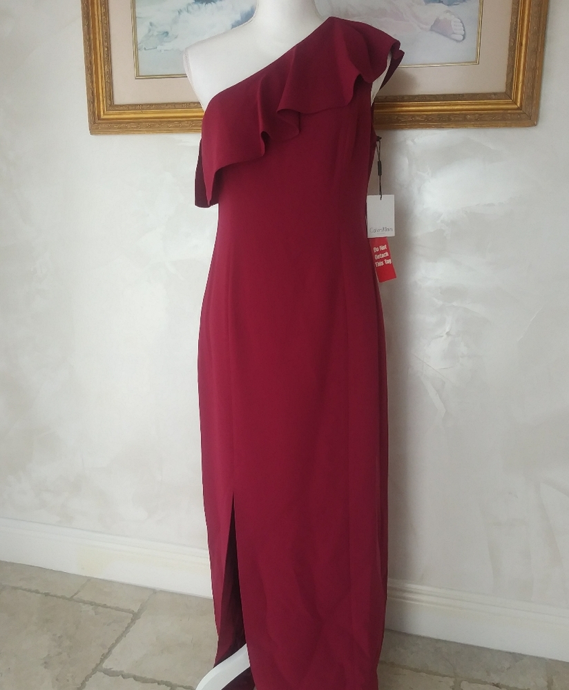 Calvin Klein Burgundy One-Shoulder Maxi Dress